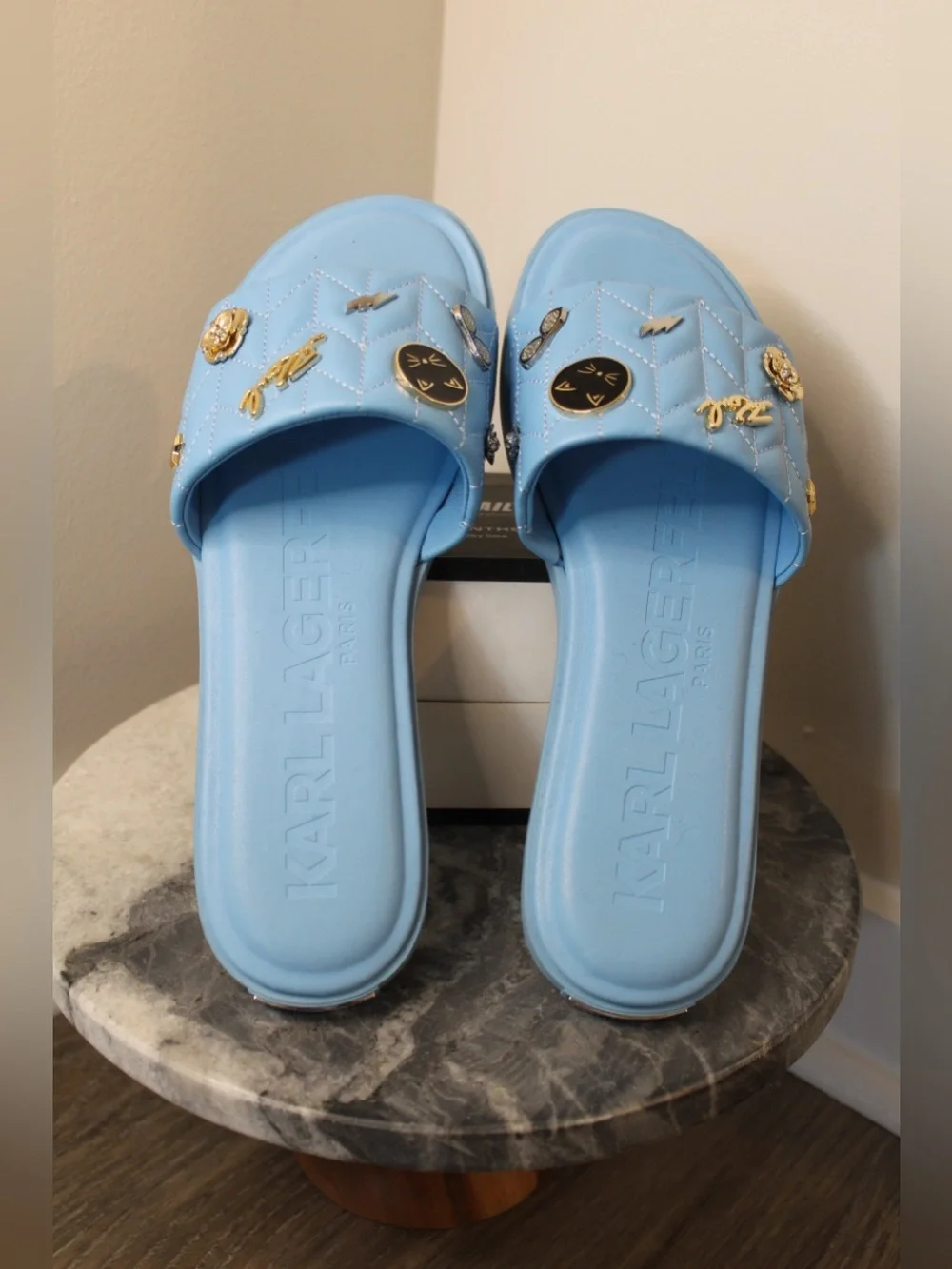 Karl Lagerfeld Blue Quilted Slide Sandals with Charms - Picture 2 of 4
